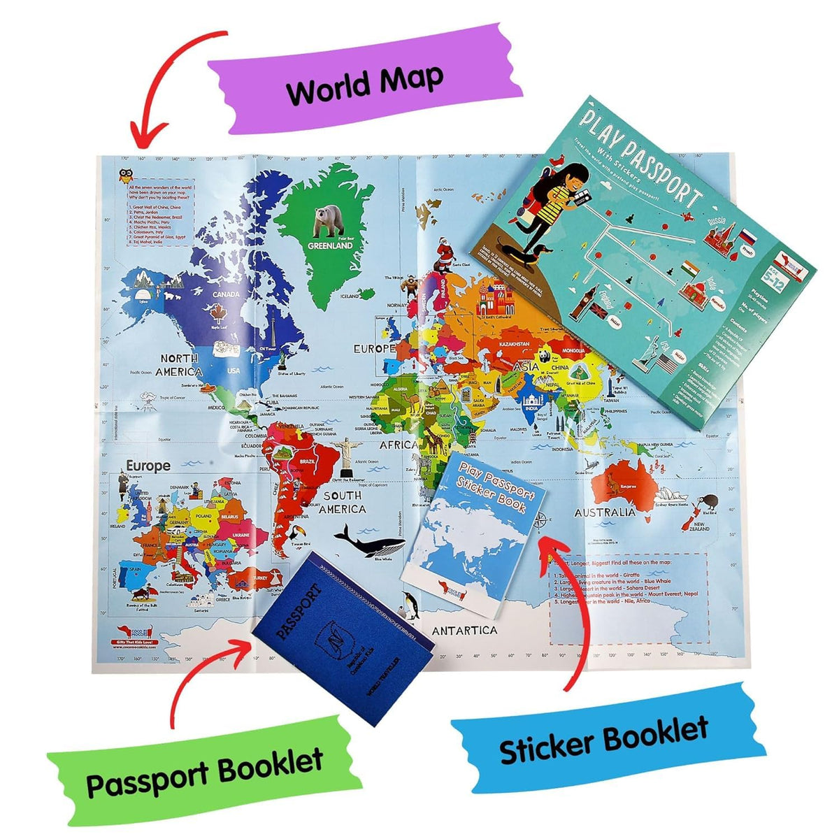 Play Passport with World Map and Stickers Educational Learning Toy for Kids - 5 Pcs Combo