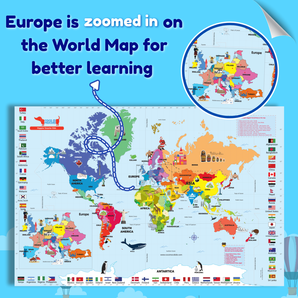 World Map for Kids 3 x 2 Ft Educational Wall Poster Learning Chart Ages (5–11 Years)