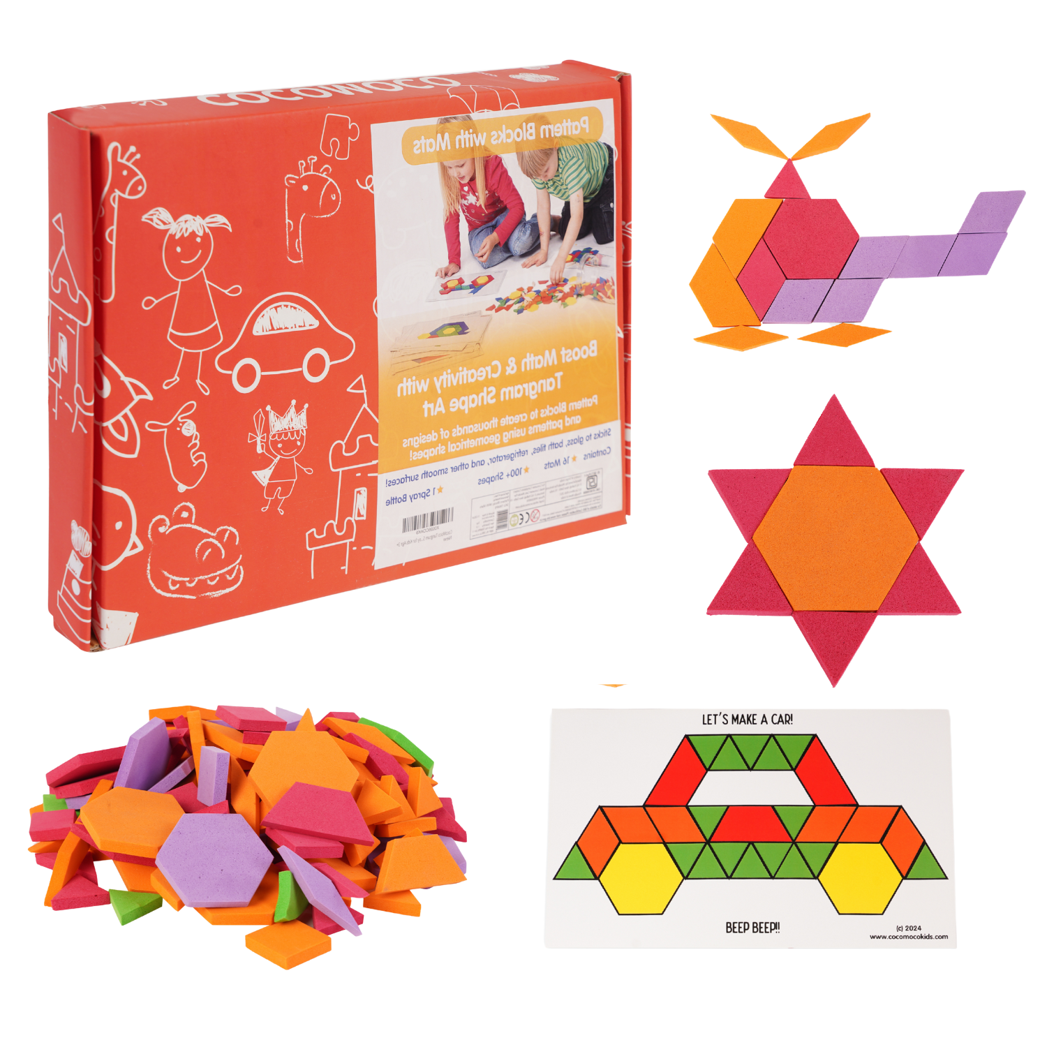 CocoMoco Tangram Shape Art with Pattern Blocks and Mats (Geometric Shape Puzzle)