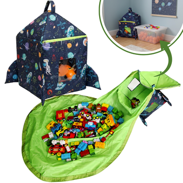 CocoMoco Kids Rocket Toy Storage Box with Built-in Play Mat | Mess-Free Toy Organizer Bin & Cleanup Storage Bag for Blocks, Action Figures, Magnetic Blocks, Bricks, Soft Toys & More | Clear Window for Kids Room