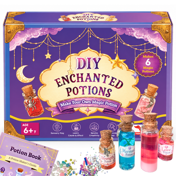 Enchanted DIY Potion Making Kit for Kids Ages 6+, DIY Magic Science Experiment & STEM Activity Set with 6 Potion Bottles, Glitter, Charms, Colour Droppers & Spellbook